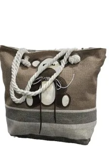 حقيبة قماش بتصميم دب – بني وبيج – بمقابض حبل – BAG5