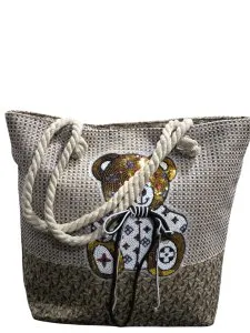 حقيبة توت بتصميم دب لامع – قماش منسوج – مقابض حبل – BAG8