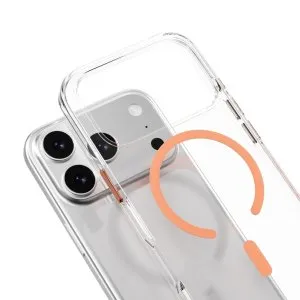 Mageasy bright m never yellowing protective clear case with independent metal buttons  for iphone 17 pro-transparent/coral ring - MPH17P394CG25